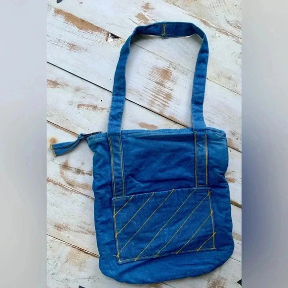 Handbags - denim shoulder bag, jean tote bag artisan 70s style purse gold stitching boho